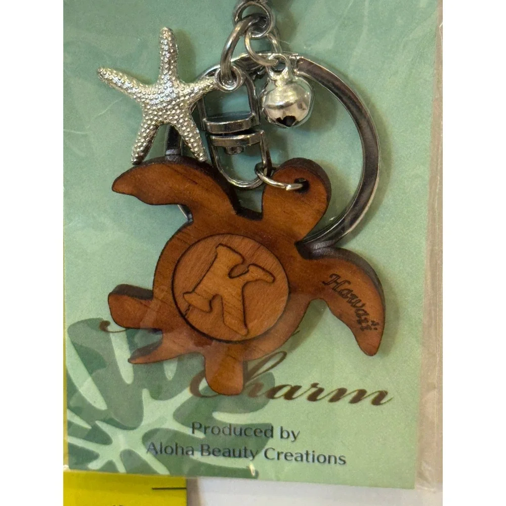 Aloha Beauty Creations Koa Wood Honu Turtle Keychain Letter K Starfish Hawaii